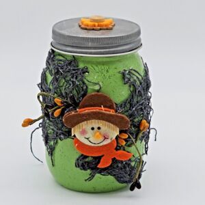 Rustic Fall Scarecrow Hand Painted Mason Halloween Candy Jars Autumn Decor Green